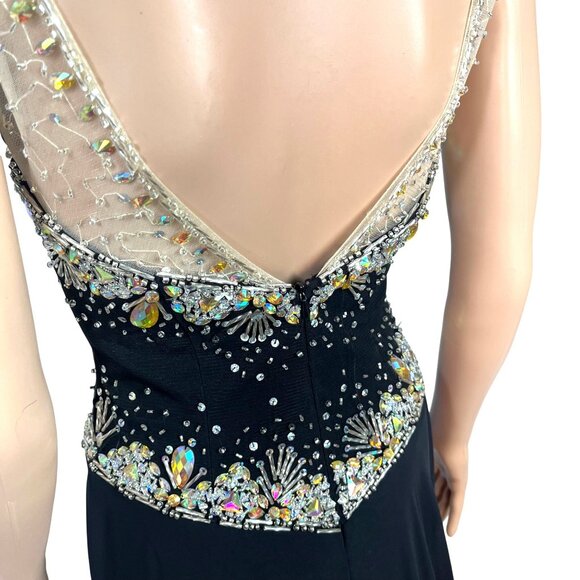Panoply Black Rhinestone Embellished Mesh Illusion Gown Size 6 W Sheer Neckline - Picture 5 of 13